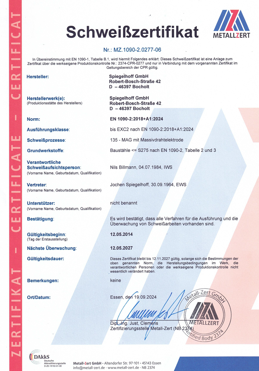 Bauschlosserei Spiegelhoff GmbH - Schweißzertifikat